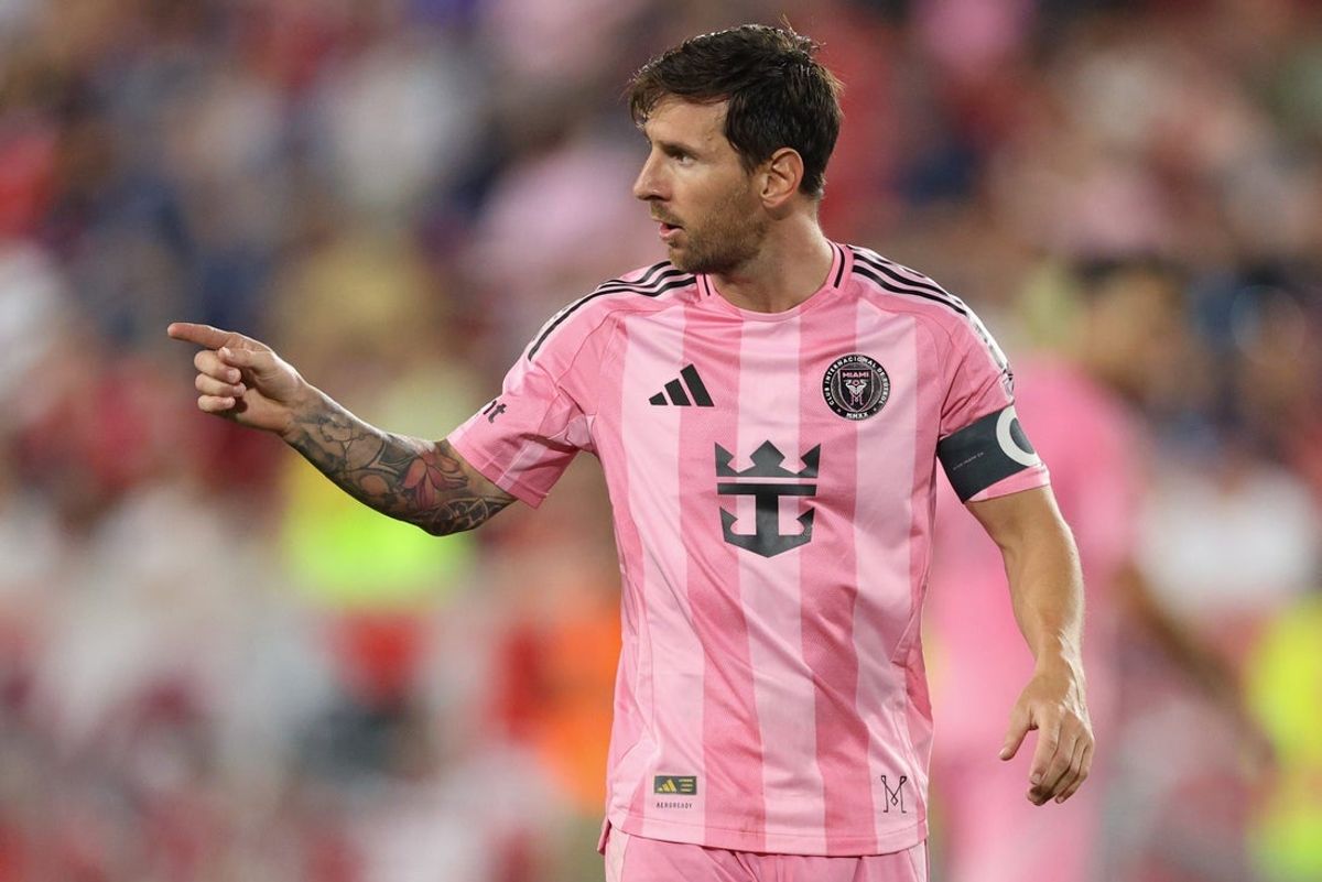 Jul 19, 2025; Harrison, New Jersey, USA; Inter Miami CF forward Lionel Messi (10) reacts during the second half against the New York Red Bulls at Sports Illustrated Stadium. Mandatory Credit: Vincent Carchietta-Imagn Images