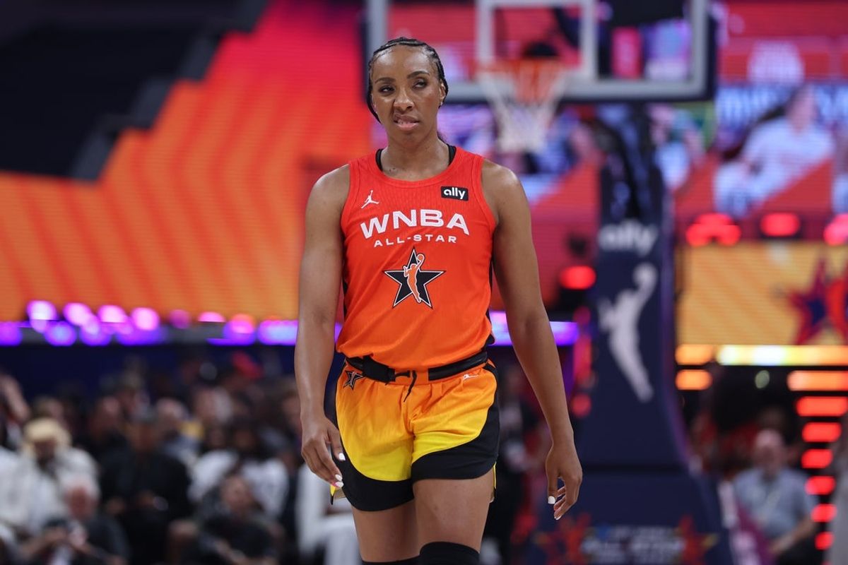Jul 19, 2025; Indianapolis, IN, USA; Team Clark forward Kayla Thornton (5) reacts in the fourth quarter during the 2025 WNBA All Star Game at Gainbridge Fieldhouse. Mandatory Credit: Trevor Ruszkowski-Imagn Images