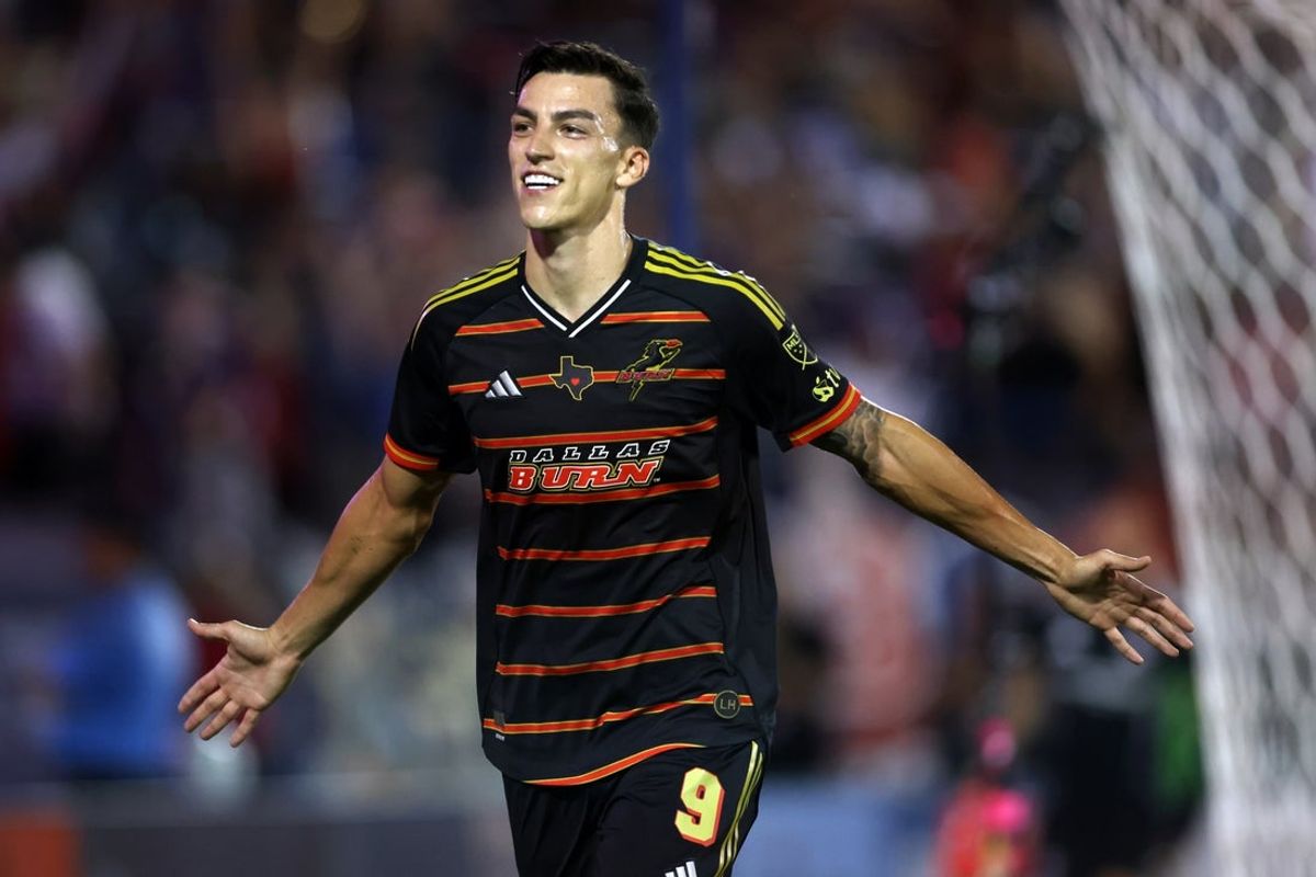 Jul 19, 2025; Frisco, Texas, USA; FC Dallas forward Petar Musa (9) scores his second goal against the St. Louis City during the second half at Toyota Stadium. Mandatory Credit: Tim Heitman-Imagn Images