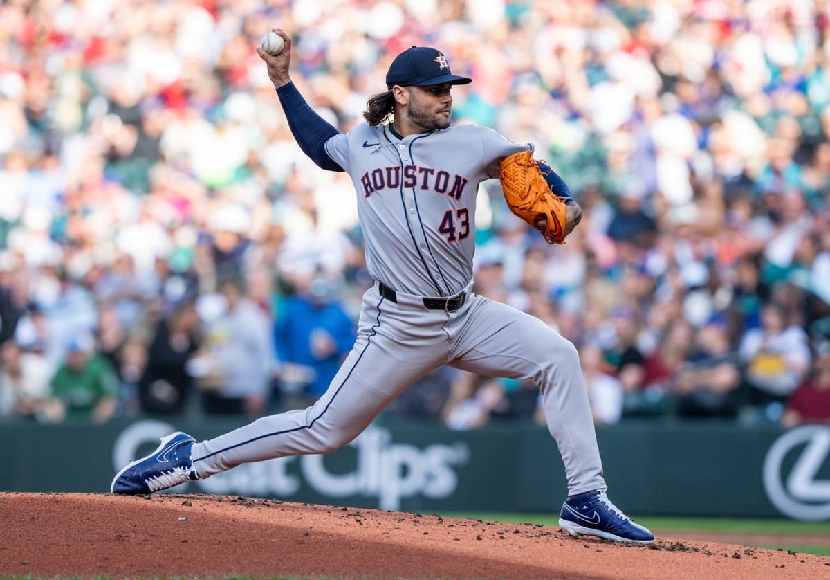 Jul 19, 2025; Seattle, Washington, USA;  Houston Astros starter Lance McCullers Jr. (43) delivers a pitch during the first inning against the Seattle Mariners at T-Mobile Park. Mandatory Credit: Stephen Brashear-Imagn Images