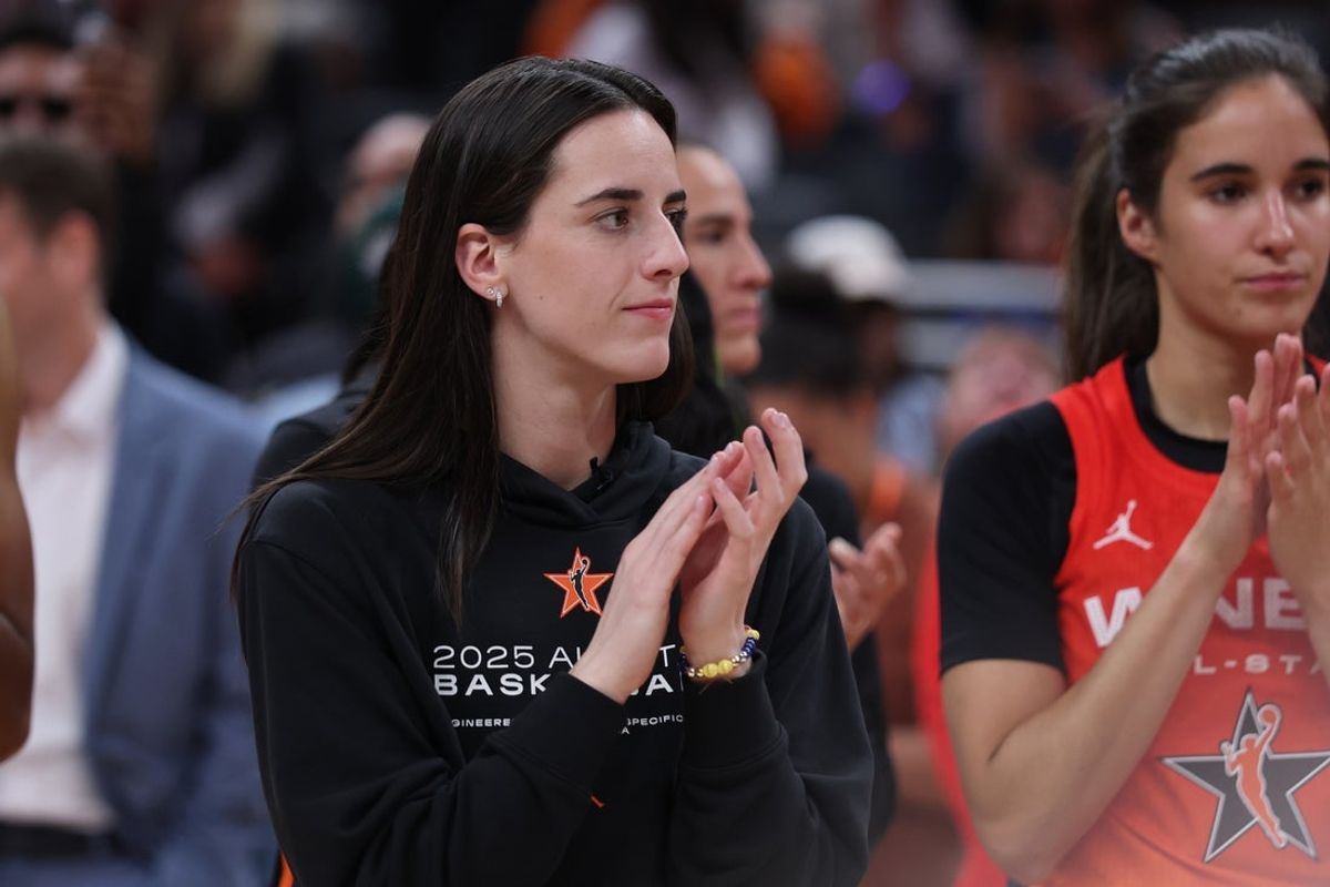 Jul 19, 2025; Indianapolis, IN, USA; Team Clark guard Caitlin Clark (22) reacts after the 2025 WNBA All Star Game at Gainbridge Fieldhouse. Mandatory Credit: Trevor Ruszkowski-Imagn Images