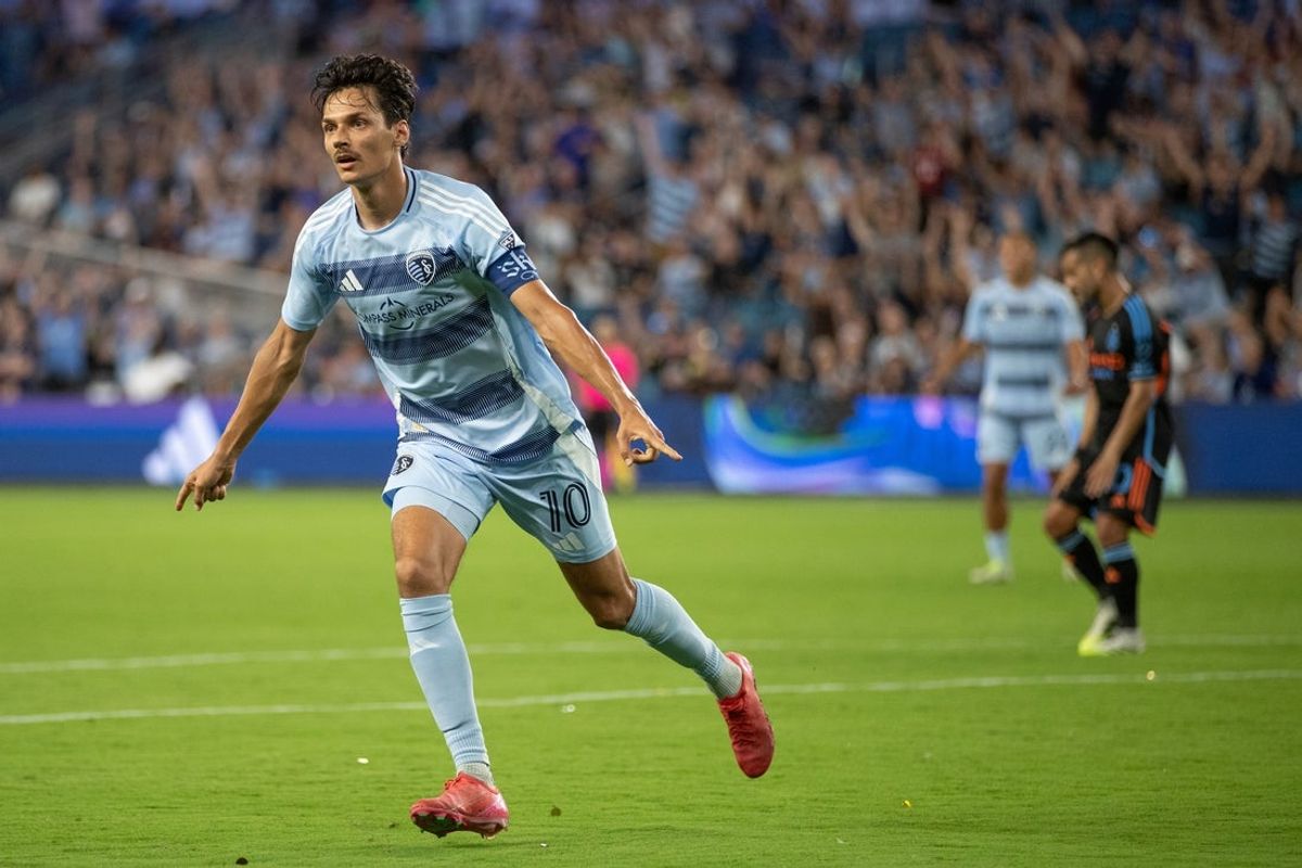 Jul 19, 2025; Kansas City, Kansas, USA; Sporting Kansas City forward Daniel Salloi (10) celebrates after scoring a gal during the second half of the match against New York City FC at Children's Mercy Park. Mandatory Credit: Kylie Graham-Imagn Images