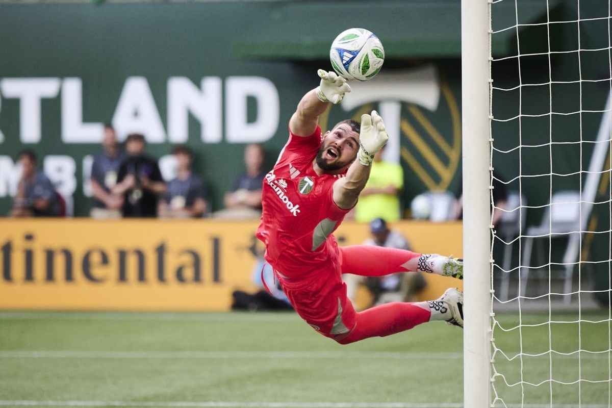 Jul 19, 2025; Portland, Oregon, USA; Portland Timbers goalkeeper Maxime Crepeau (16) stops a shot on goal during the first half against Minnesota United at Providence Park. Mandatory Credit: Troy Wayrynen-Imagn Images