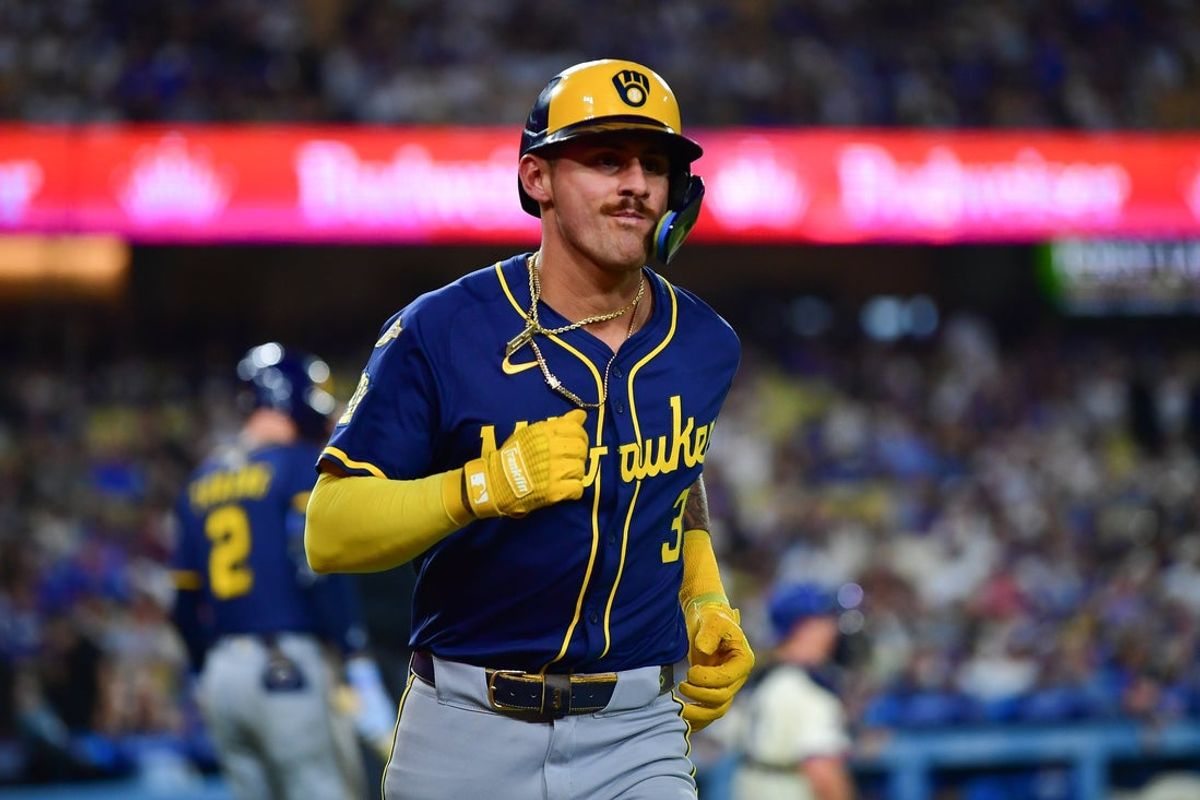 Jul 19, 2025; Los Angeles, California, USA; Milwaukee Brewers shortstop Joey Ortiz (3) celebrates after hitting a solo home run against the Los Angeles Dodgers during the eighth inning at Dodger Stadium. Mandatory Credit: Gary A. Vasquez-Imagn Images