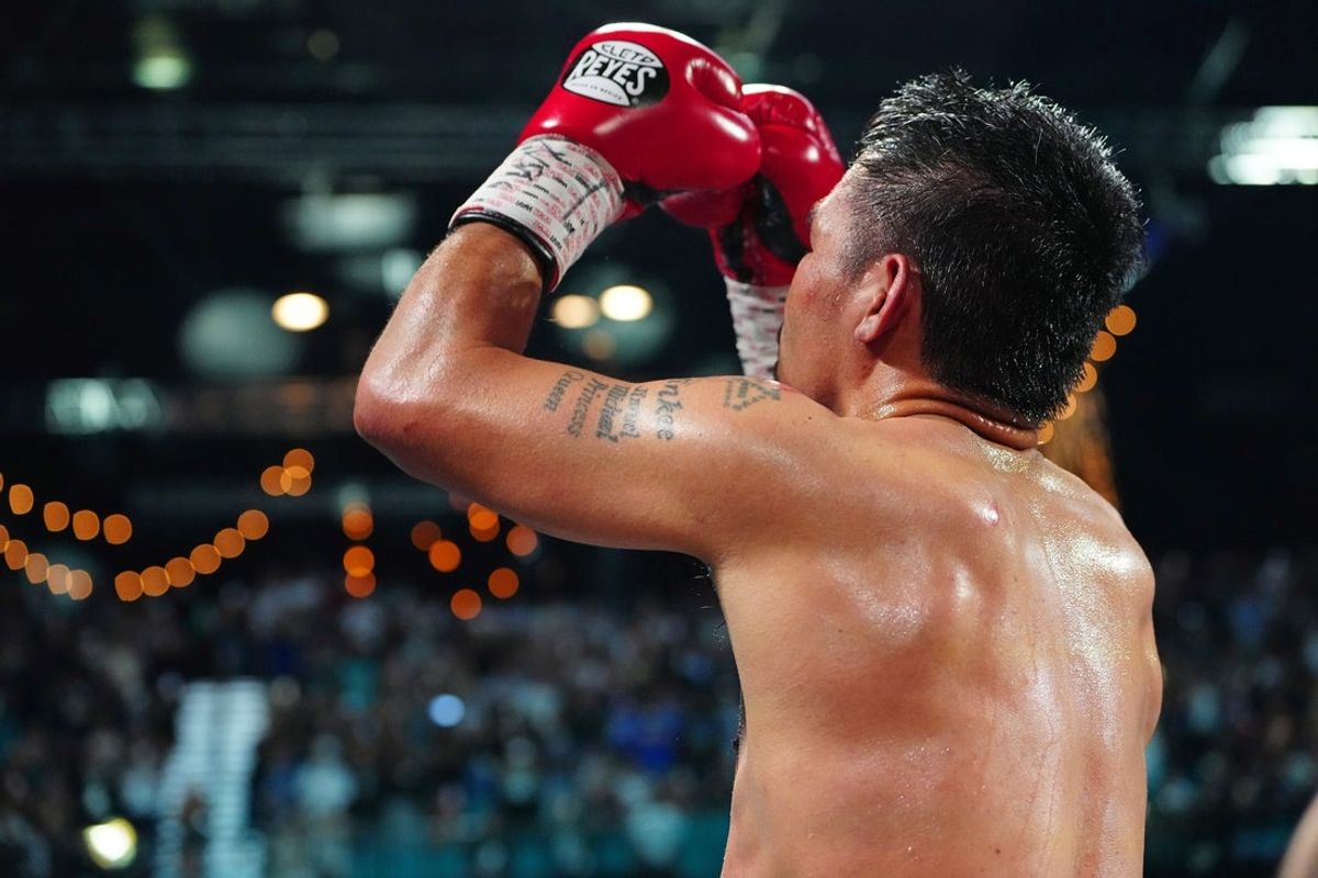 Jul 19, 2025; Las Vegas, Nevada, USA; Manny Pacquiao salutes the crowd in attendance after earning a draw against Mario Barrios at MGM Grand Garden Arena. Mandatory Credit: Stephen R. Sylvanie-Imagn Images