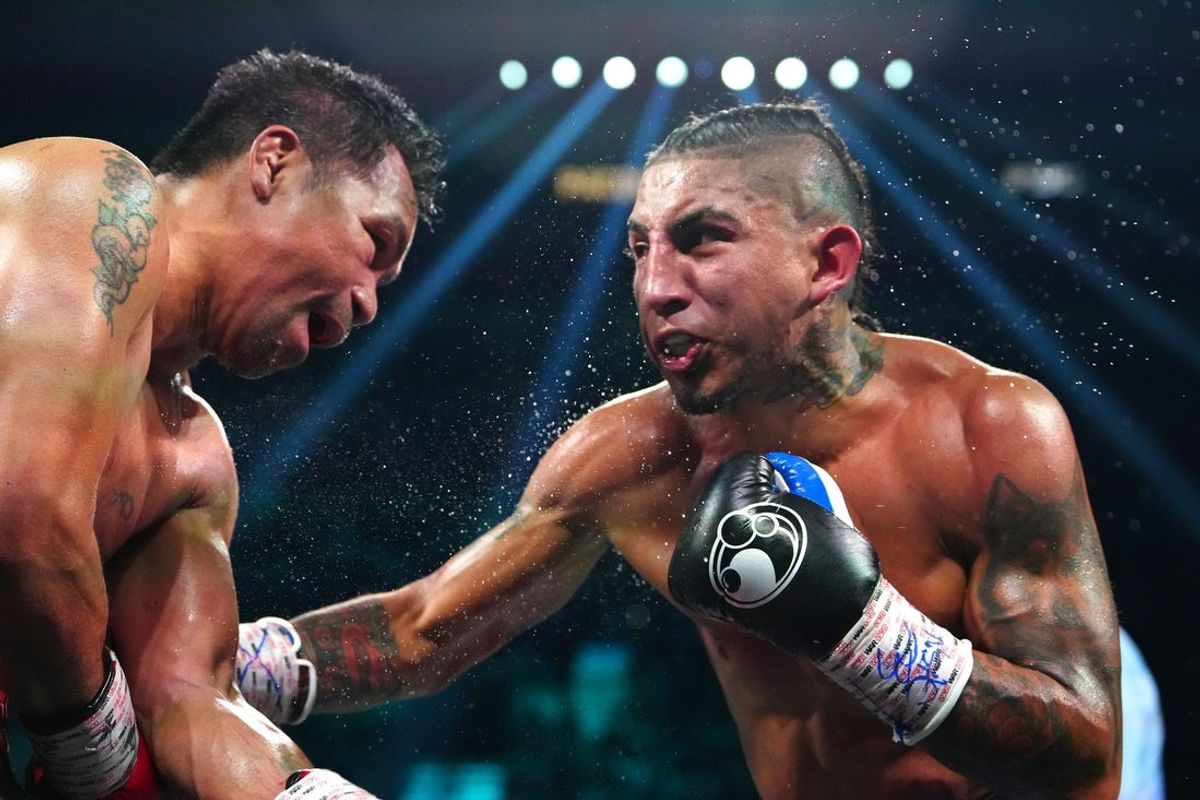 Jul 19, 2025; Las Vegas, Nevada, USA; Manny Pacquiao fights Mario Barrios at MGM Grand Garden Arena. Mandatory Credit: Stephen R. Sylvanie-Imagn Images