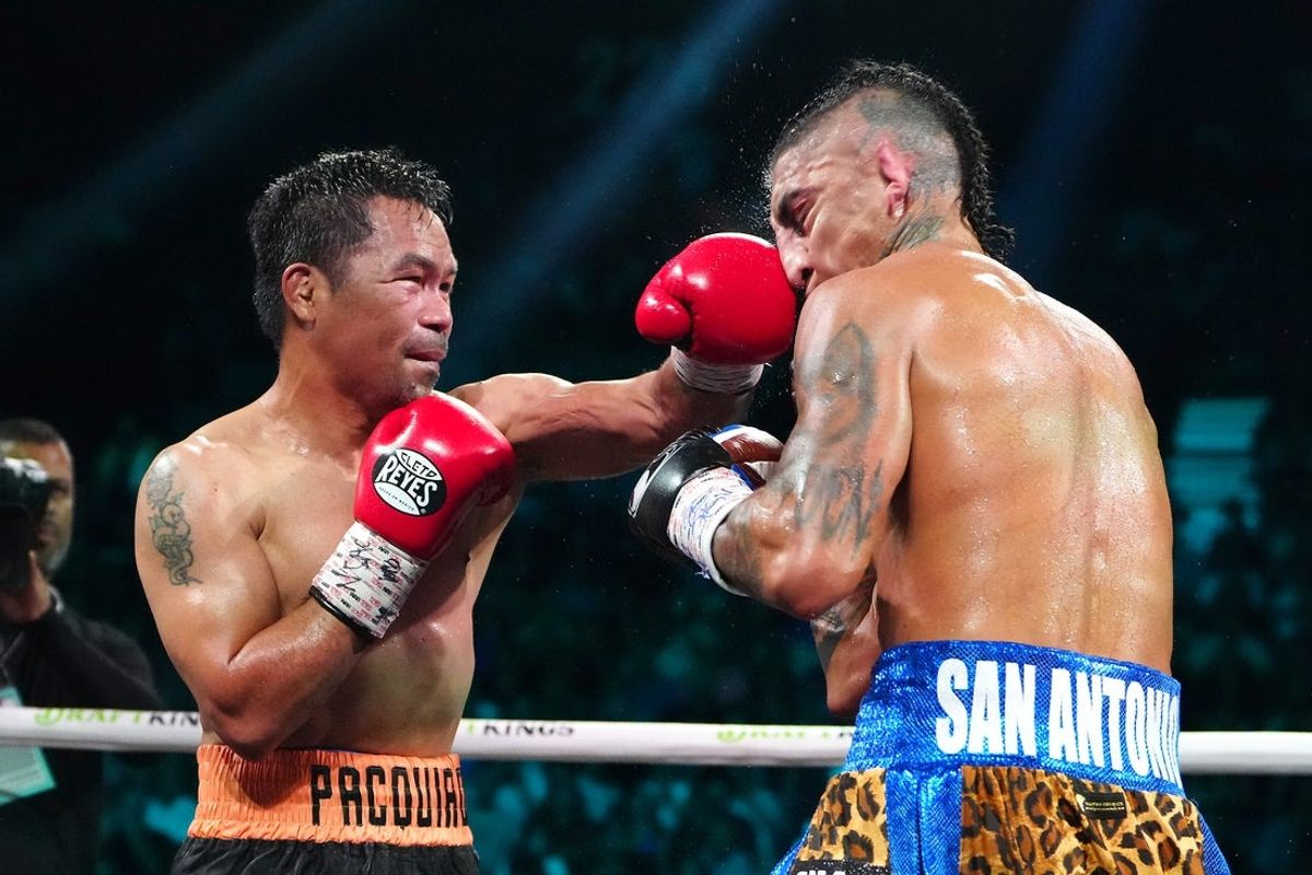 Jul 19, 2025; Las Vegas, Nevada,  USA; Manny Pacquiao fights Mario Barrios at MGM Grand Garden Arena. Mandatory Credit: Stephen R. Sylvanie-Imagn Images
