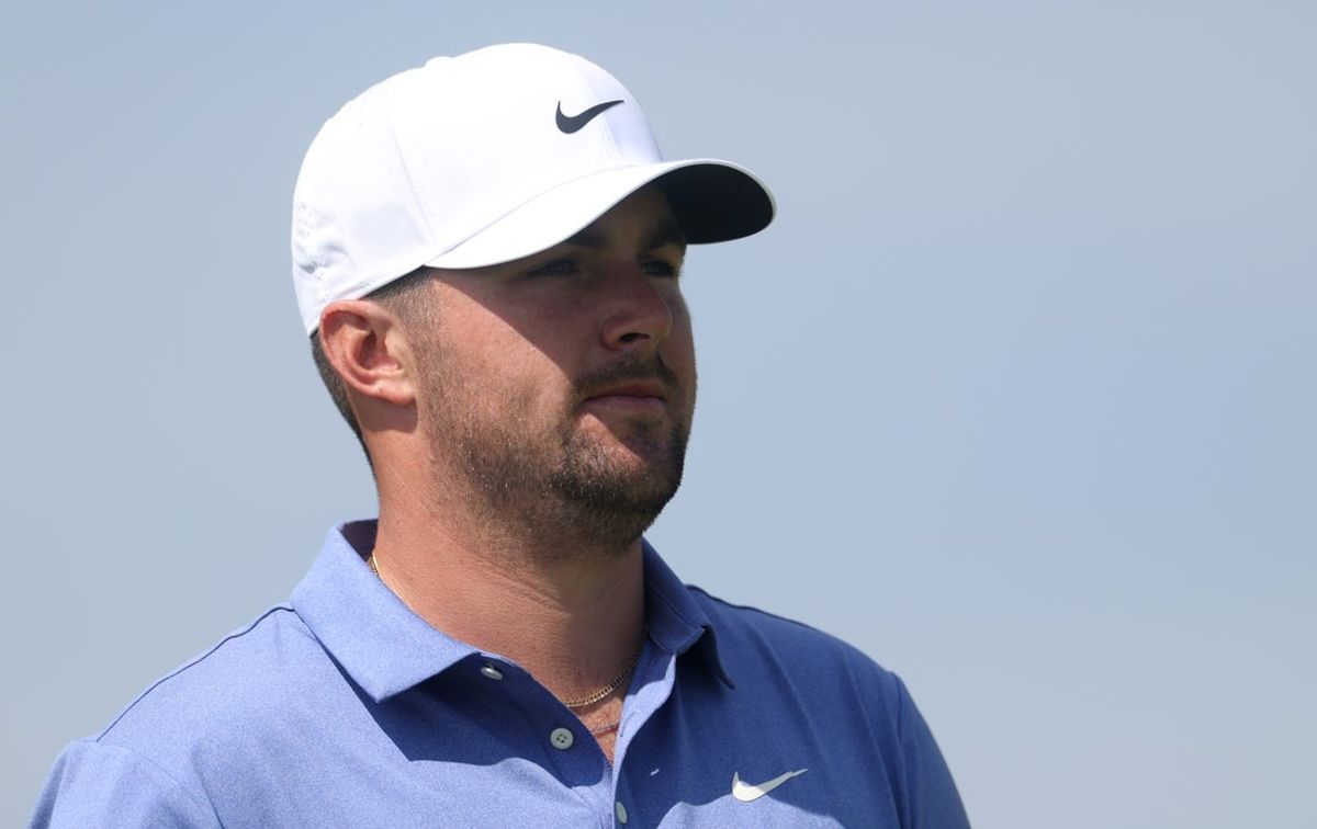 Jul 20, 2025; Portrush, IRL; Chris Gotterup on the first hole during the final round of The 153rd Open Championship golf tournament at Royal Portrush. Mandatory Credit: Mike Frey-Imagn Images