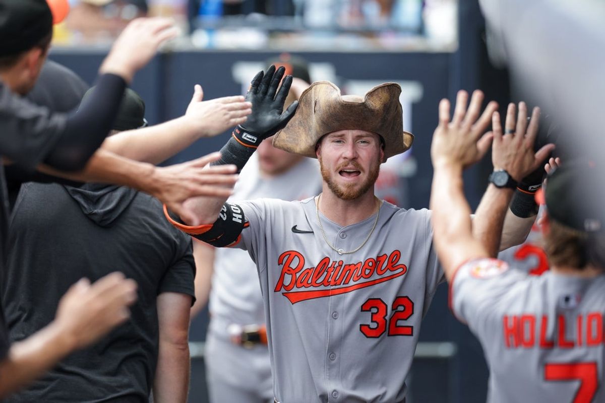 Jul 20, 2025; Tampa, Florida, USA; Baltimore Orioles first baseman Ryan O'Hearn (32) reacts after hitting a home run against the Tampa Bay Rays in the sixth inning at George M. Steinbrenner Field. Mandatory Credit: Nathan Ray Seebeck-Imagn Images