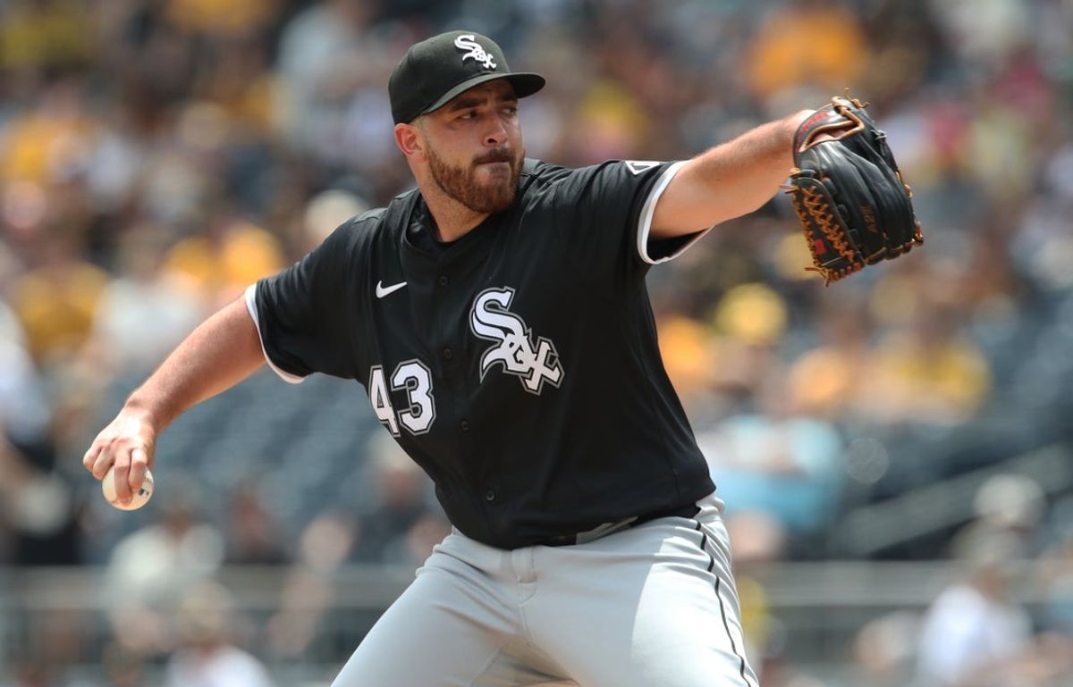 Jul 20, 2025; Pittsburgh, Pennsylvania, USA;  Chicago White Sox starting pitcher Aaron Civale (43) delivers a pitch against the Pittsburgh Pirates during the first inning at PNC Park. Mandatory Credit: Charles LeClaire-Imagn Images