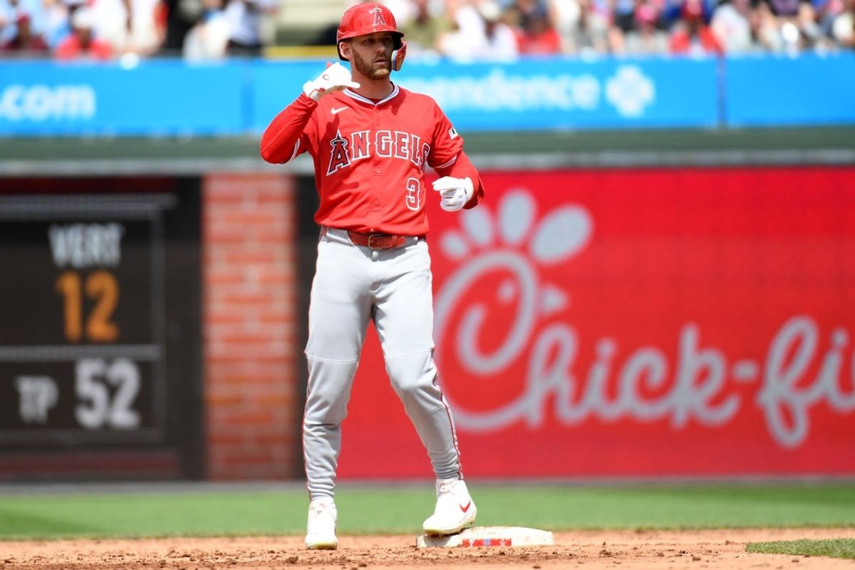 Jul 20, 2025; Philadelphia, Pennsylvania, USA; Los Angeles Angels outfielder Taylor Ward (3) stands on second base after hitting two RBI double against the Philadelphia Phillies  at Citizens Bank Park. Mandatory Credit: Eric Hartline-Imagn Images