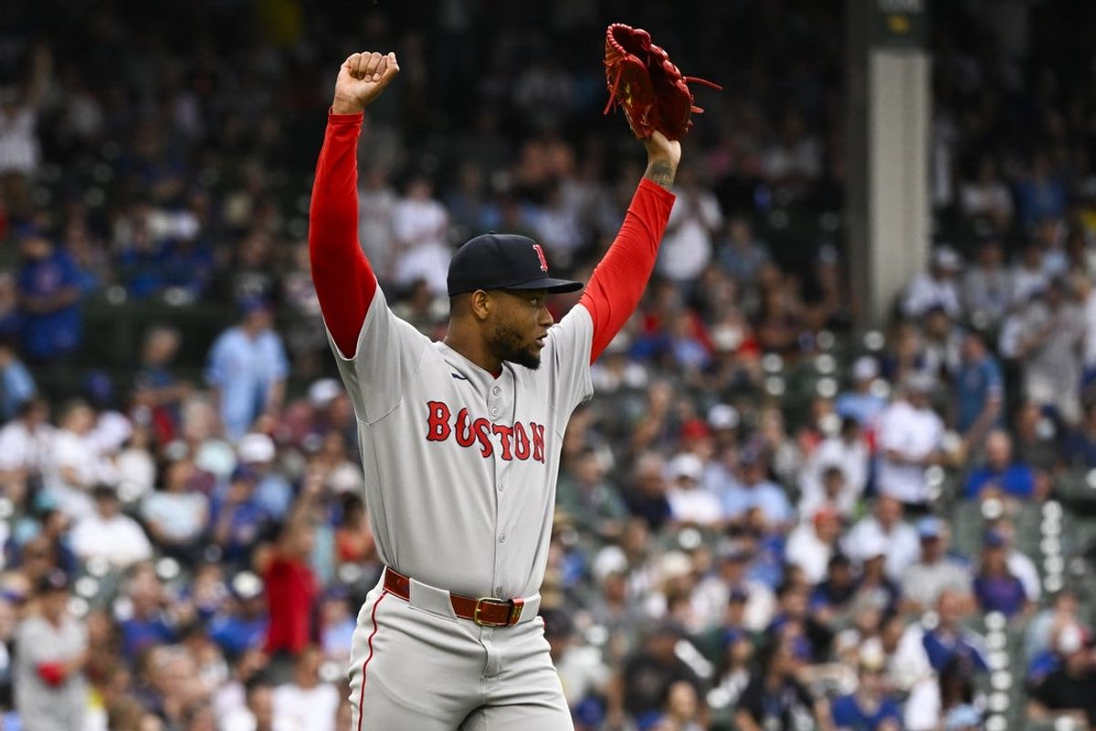 Jul 20, 2025; Chicago, Illinois, USA;  Boston Red Sox pitcher Jorge Alcala (71) reacts after the game against the Chicago Cubs at Wrigley Field. Mandatory Credit: Matt Marton-Imagn Images