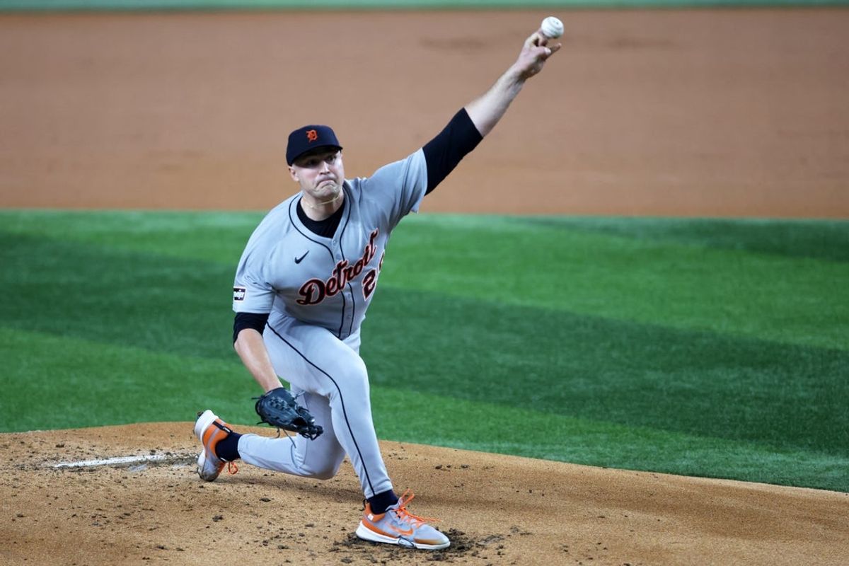 Jul 20, 2025; Arlington, Texas, USA; Detroit Tigers pitcher Tarik Skubal (29) throws a pitch against the Texas Rangers during the first inning at Globe Life Field. Mandatory Credit: Tim Heitman-Imagn Images