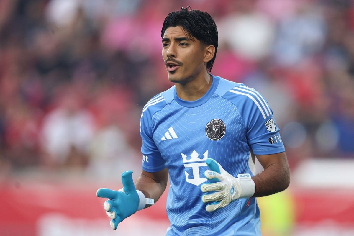 Jul 19, 2025; Harrison, New Jersey, USA; Inter Miami CF goalkeeper Rocco Rios Novo (34) in action during the first half against the New York Red Bulls at Sports Illustrated Stadium. Mandatory Credit: Vincent Carchietta-Imagn Images