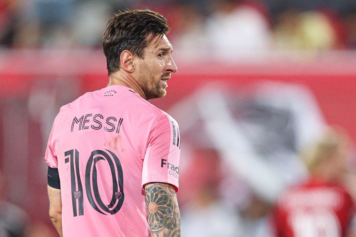 Jul 19, 2025; Harrison, New Jersey, USA; Inter Miami CF forward Lionel Messi (10) in action against the New York Red Bulls during the second half at Sports Illustrated Stadium. Mandatory Credit: Vincent Carchietta-Imagn Images