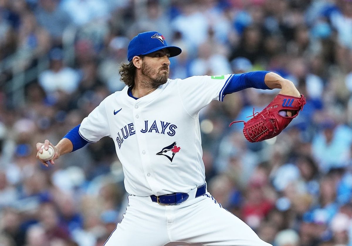 Jul 21, 2025; Toronto, Ontario, CAN; Toronto Blue Jays pitcher Kevin Gausman (34) throws a pitch against the New York Yankees during the second inning at Rogers Centre. Mandatory Credit: Nick Turchiaro-Imagn Images