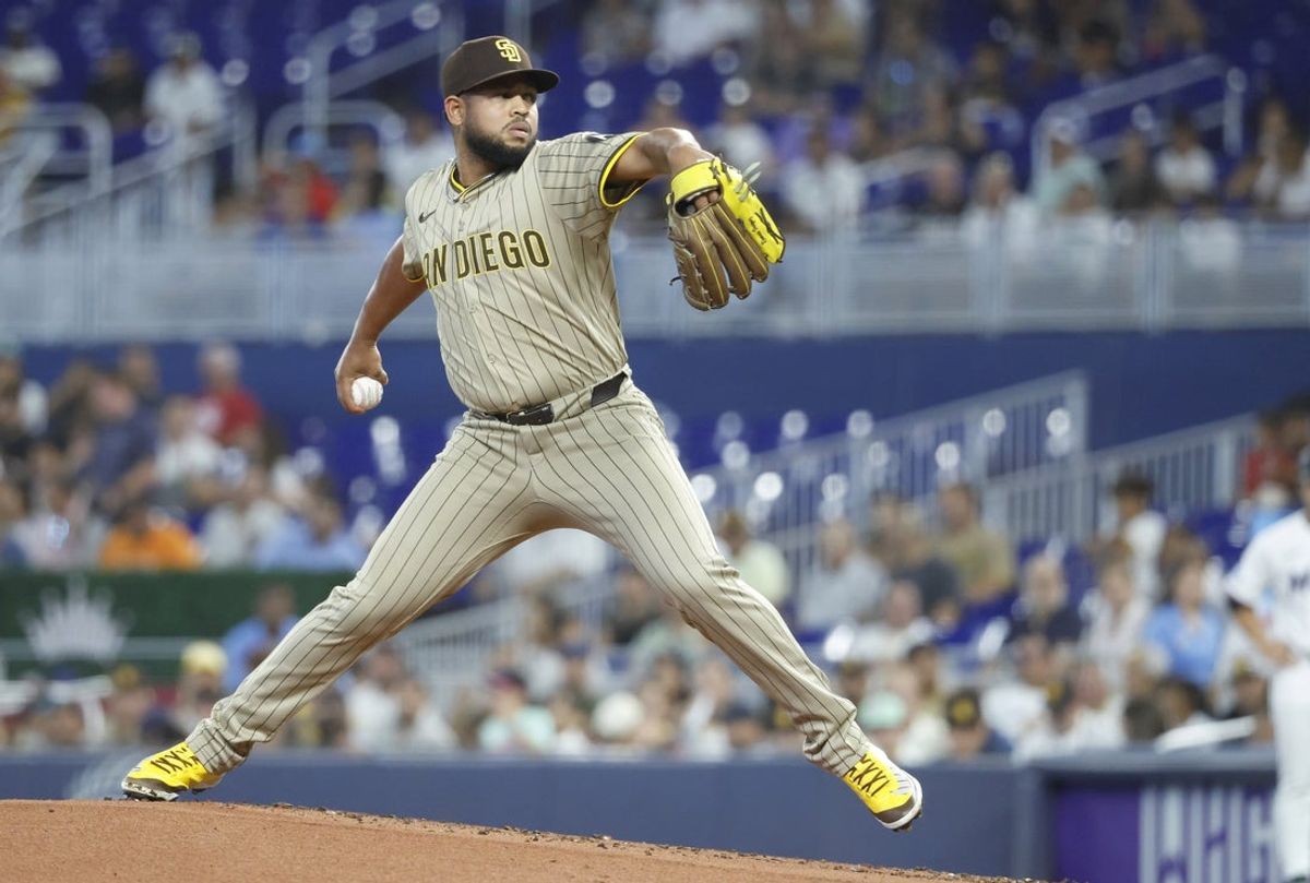 Jul 21, 2025; Miami, Florida, USA;  San Diego Padres starting pitcher Randy Vasquez (98) pitches against the Miami Marlins during thr first inning at loanDepot Park. Mandatory Credit: Rhona Wise-Imagn Images