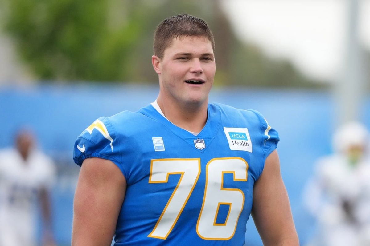 Jul 21, 2025; El Segundo, CA, USA; Los Angeles Chargers tackle Joe Alt (76) at training camp at The Bolt. Mandatory Credit: Kirby Lee-Imagn Images