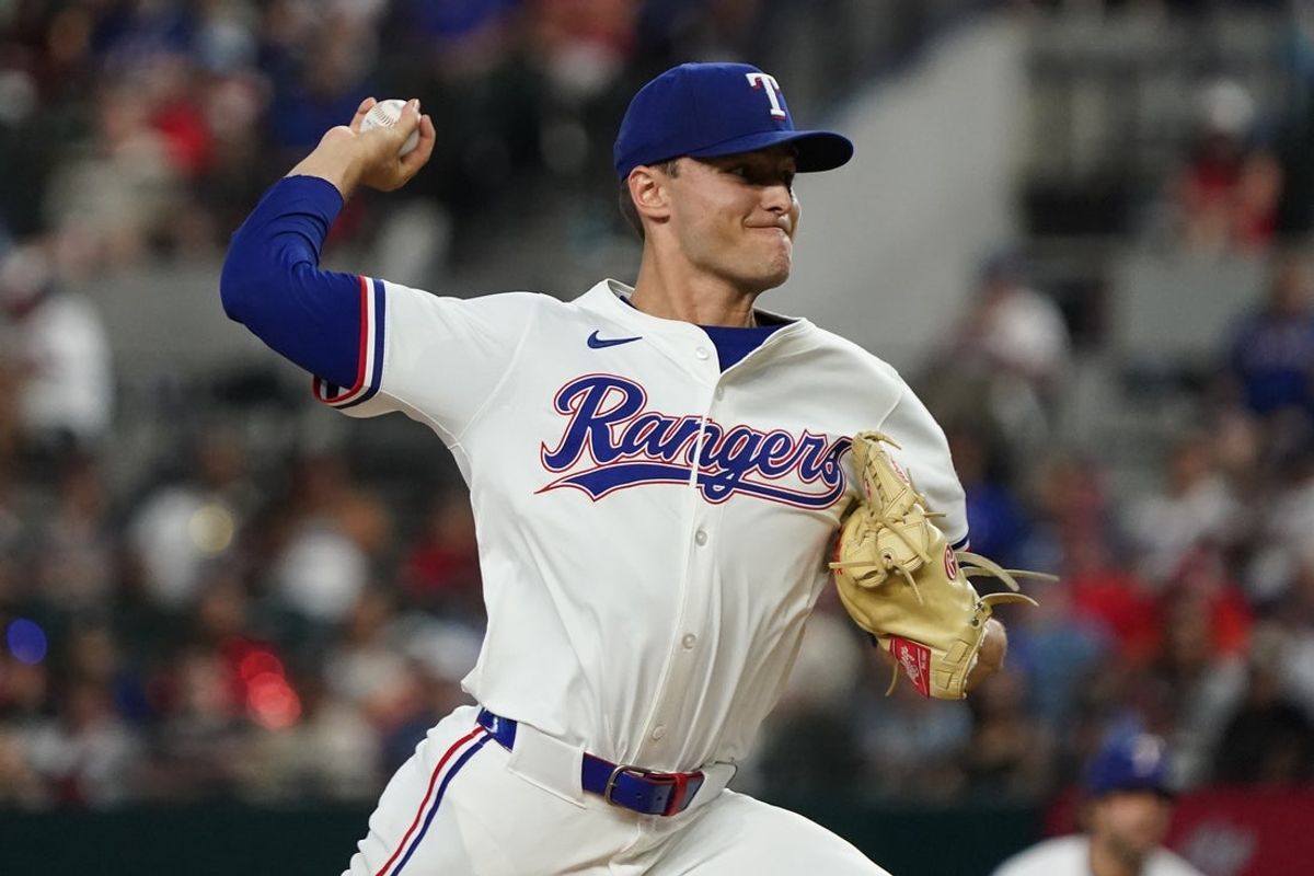 July 21, 2025; Arlington, Texas, USA; Texas Rangers pitcher Jack Leiter (35) throws to the plate during the first inning against the Athletics at Globe Life Field. Mandatory Credit: Raymond Carlin III-Imagn Images