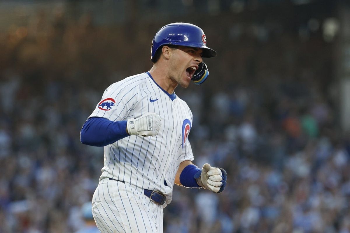 Jul 21, 2025; Chicago, Illinois, USA; Chicago Cubs third baseman Matt Shaw (6) rounds the bases after hitting a three-run home run against the Kansas City Royals during the second inning at Wrigley Field. Mandatory Credit: Kamil Krzaczynski-Imagn Images