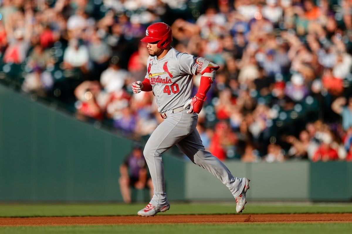Jul 21, 2025; Denver, Colorado, USA; St. Louis Cardinals first baseman Willson Contreras (40) rounds the bases on a solo home run in the fourth inning against the Colorado Rockies at Coors Field. Mandatory Credit: Isaiah J. Downing-Imagn Images