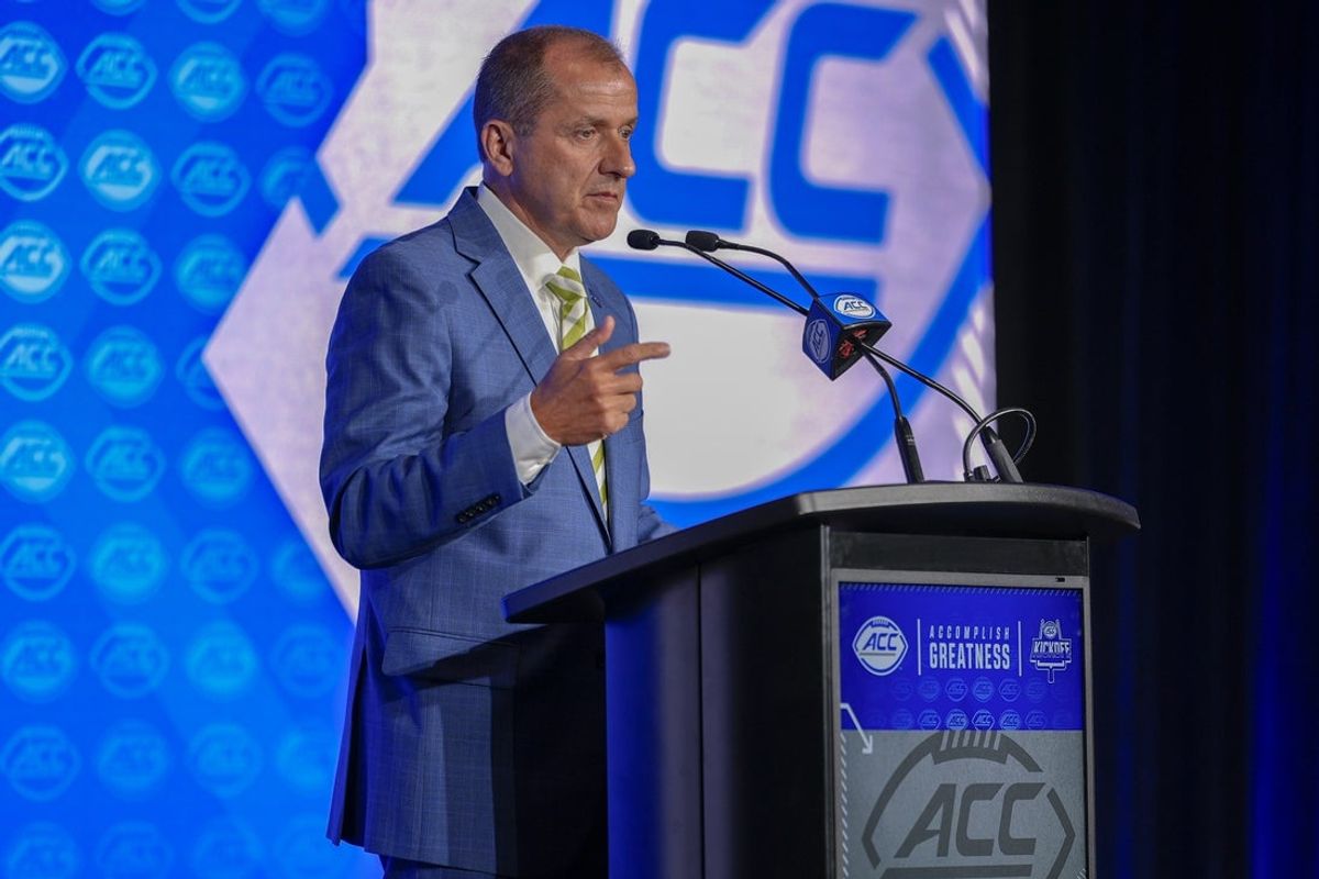Jul 22, 2025; Charlotte, NC, USA; ACC commissioner Jim Phillips speaks to the media during ACC Media Days at Hilton Charlotte Uptown. Mandatory Credit: Jim Dedmon-Imagn Images