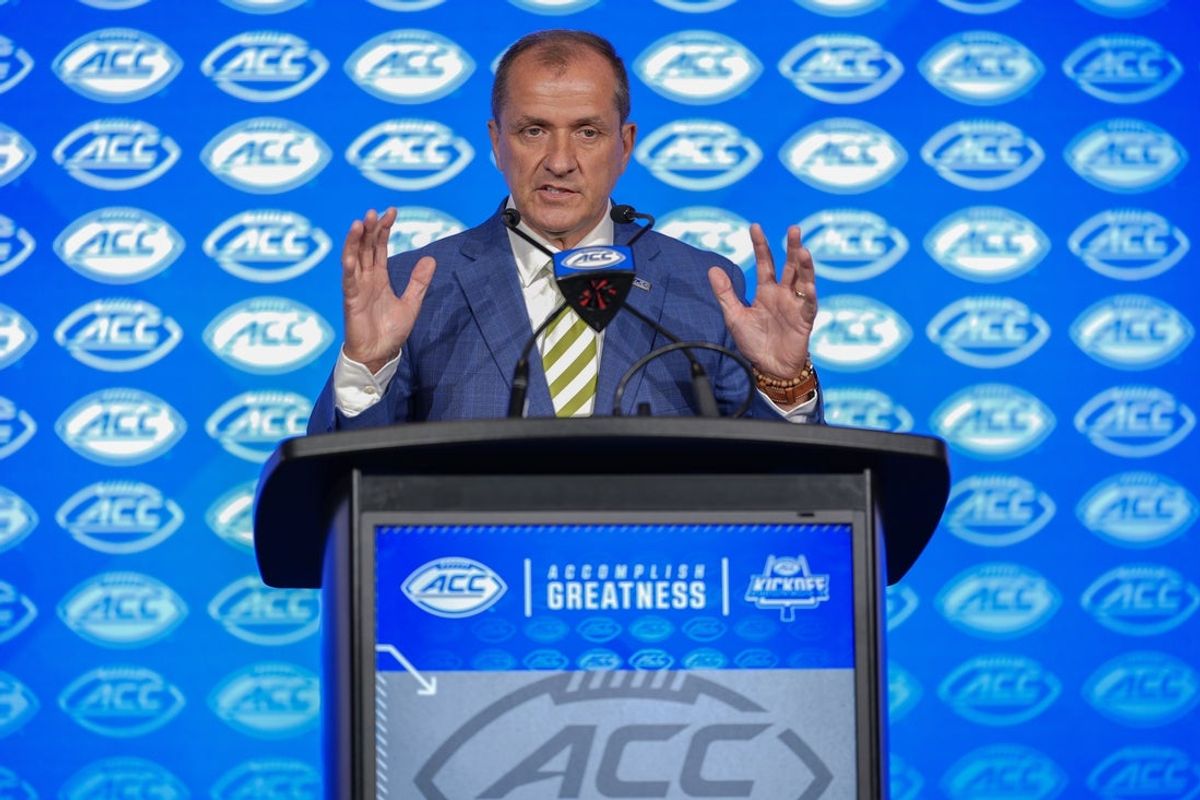 Jul 22, 2025; Charlotte, NC, USA; ACC commissioner Jim Phillips speaks to the media during ACC Media Days at Hilton Charlotte Uptown. Mandatory Credit: Jim Dedmon-Imagn Images