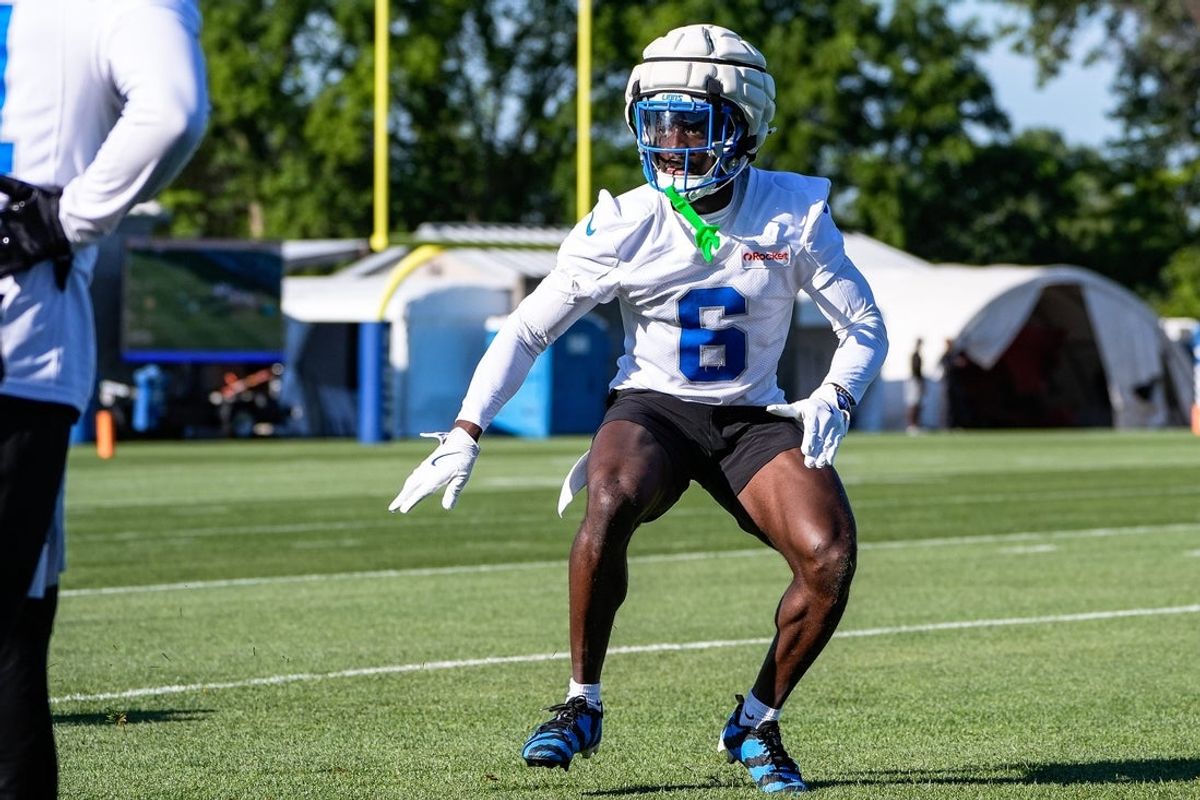 Detroit Lions cornerback Terrion Arnold (6) practices during training camp at Meijer Performance Center in Allen Park on Tuesday, July 22, 2025.