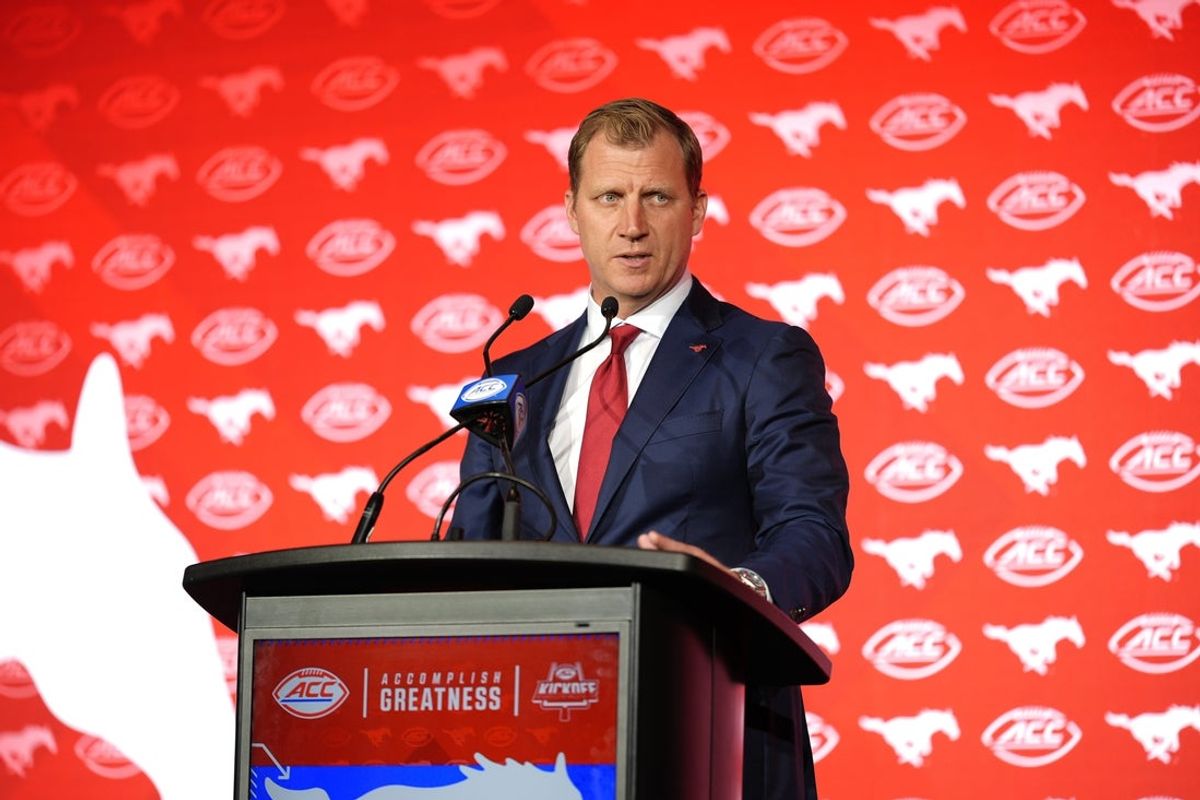Jul 22, 2025; Charlotte, NC, USA; Southern Methodist head coach Rhett Lashlee answers questions from the media during ACC Media Days at Hilton Charlotte Uptown. Mandatory Credit: Jim Dedmon-Imagn Images