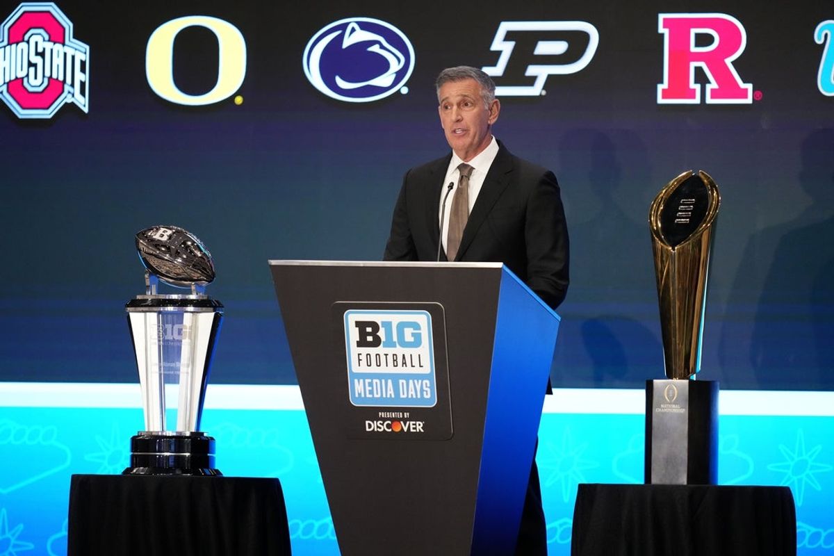Jul 22, 2025; Las Vegas, NV, USA; Big Ten commissioner Tony Petitti speaks to the media during the Big Ten NCAA college football media days at Mandalay Bay Resort. Mandatory Credit: Lucas Peltier-Imagn Images