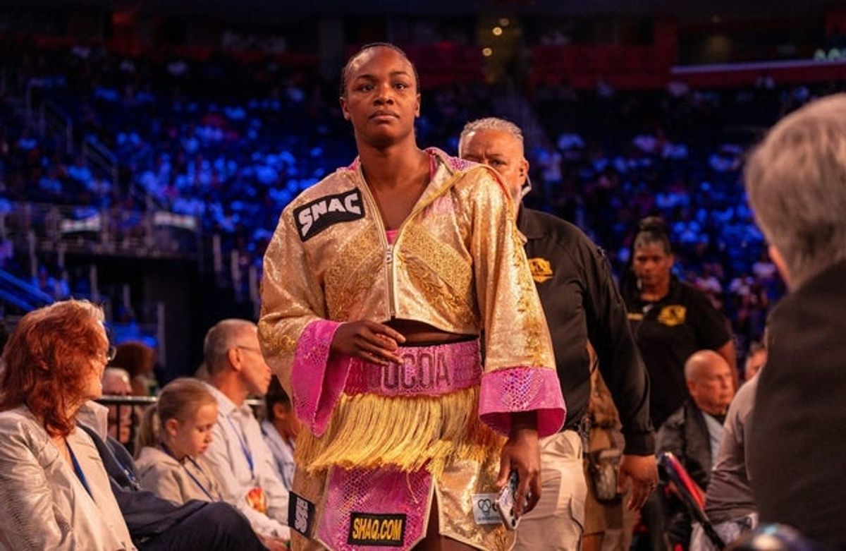 Claressa Shields of Flint walks near the boxing ring before her main event inside Little Caesars Arena in Detroit on Saturday, July 27, 2024.