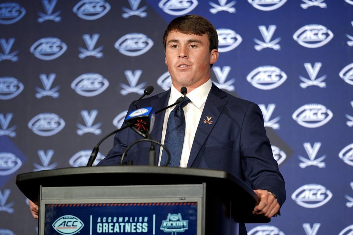 Jul 22, 2025; Charlotte, NC, USA; Virgnia quarterback Chandler Morris answers questions from the media during ACC Media Days at Hilton Charlotte Uptown. Mandatory Credit: Jim Dedmon-Imagn Images