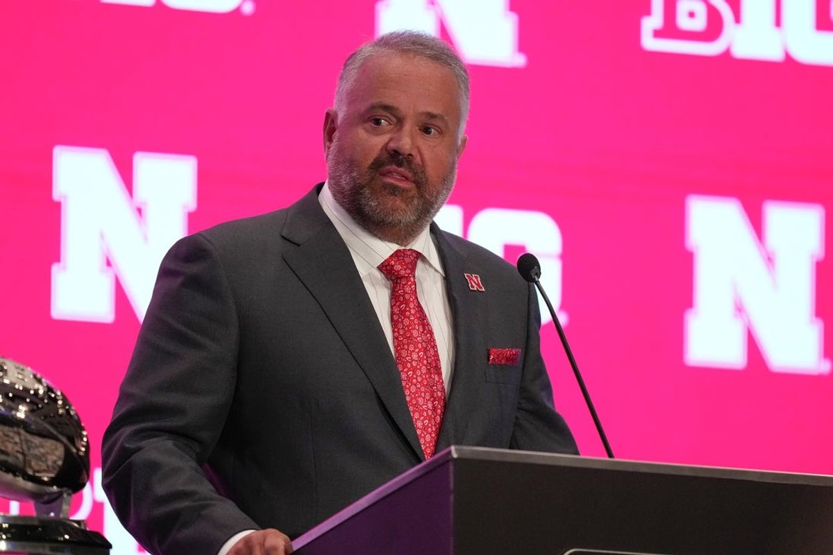Jul 22, 2025; Las Vegas, NV, USA; Nebraska head coach Matt Rhule speaks to the media during the Big Ten NCAA college football media days at Mandalay Bay Resort. Mandatory Credit: Lucas Peltier-Imagn Images