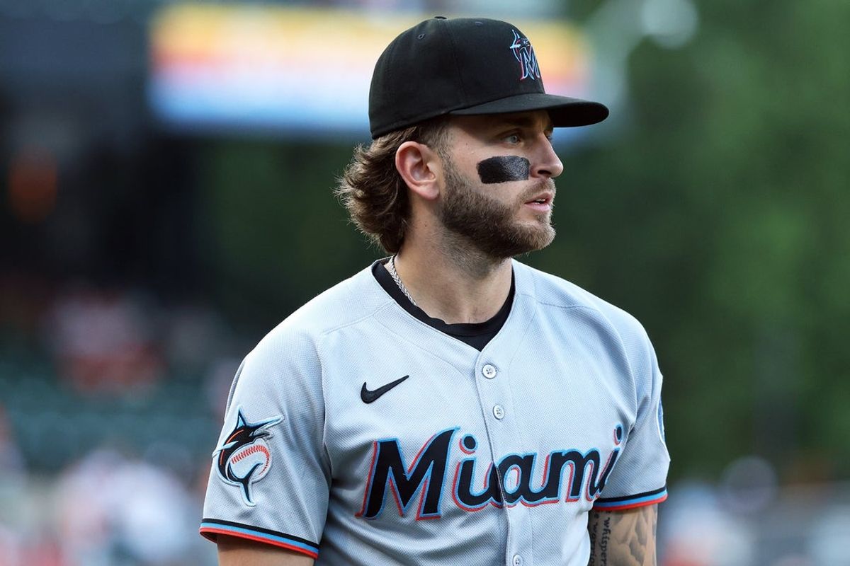 Jul 11, 2025; Baltimore, Maryland, USA; Miami Marlins third baseman Connor Norby (1) walks off of the field before a game against the Baltimore Orioles at Oriole Park at Camden Yards. Mandatory Credit: Daniel Kucin Jr.-Imagn Images
