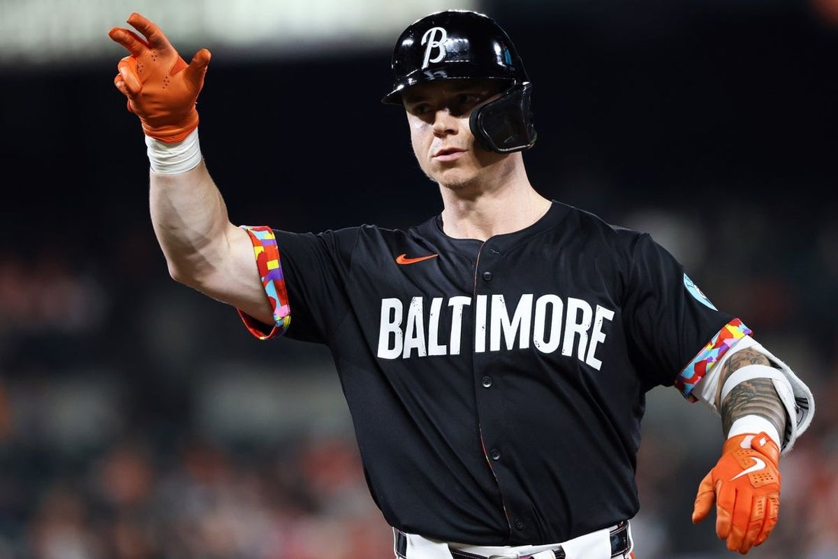 Jul 11, 2025; Baltimore, Maryland, USA; Baltimore Orioles outfielder Tyler O'Neill (9) celebrates after hitting a single during the eighth inning against the Miami Marlins at Oriole Park at Camden Yards. Mandatory Credit: Daniel Kucin Jr.-Imagn Images