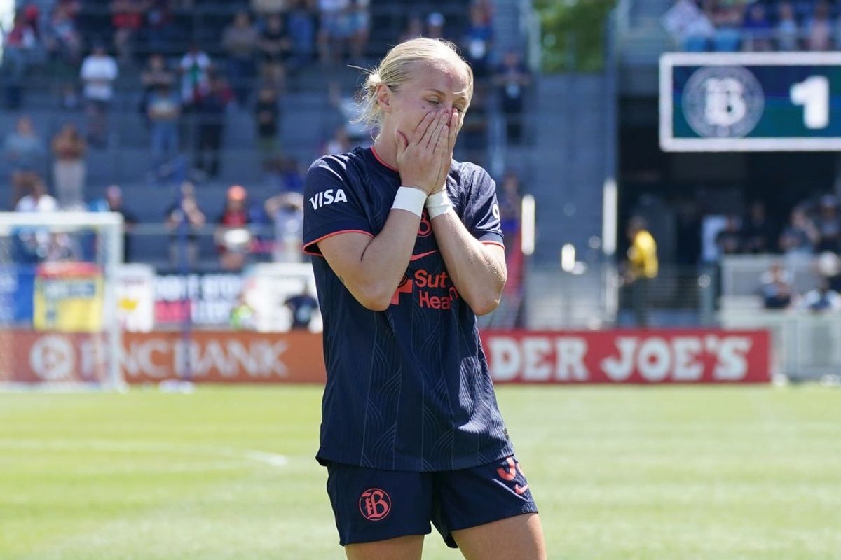 Jul 19, 2025; San Jose, California, USA;  Bay FC forward Penelope Hocking (55) reacts after just missing a shot on goal against Angel City FC in the second half at PayPal Park. Mandatory Credit: David Gonzales-Imagn Images