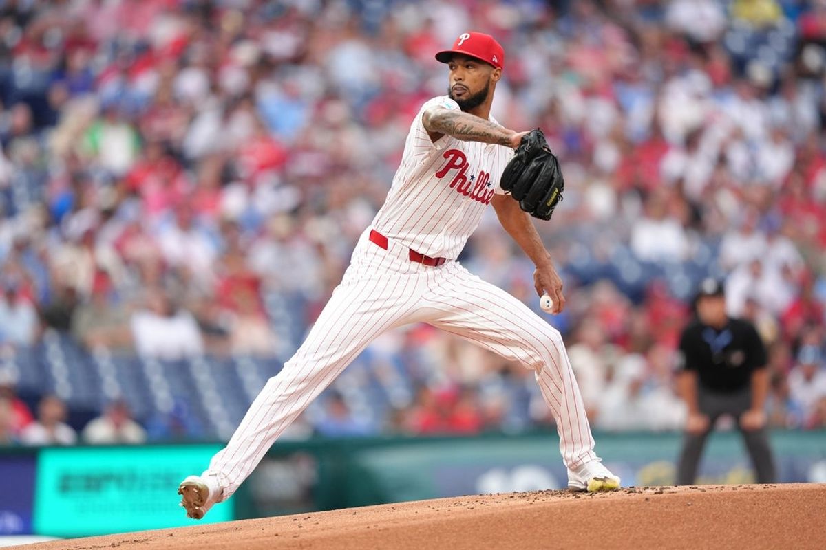 Jul 22, 2025; Philadelphia, Pennsylvania, USA; Philadelphia Phillies starting pitcher Cristopher Sanchez (61) throws a pitch against the Boston Red Sox in the first inning at Citizens Bank Park. Mandatory Credit: Kyle Ross-Imagn Images