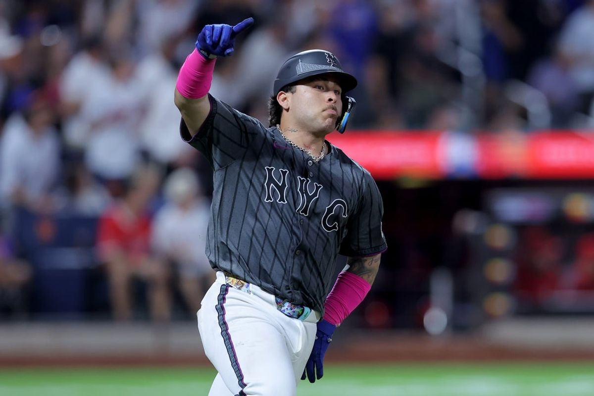 Jul 22, 2025; New York City, New York, USA; New York Mets catcher Francisco Alvarez (4) rounds the bases after hitting a two run home run against the Los Angeles Angels during the fifth inning at Citi Field. Mandatory Credit: Brad Penner-Imagn Images