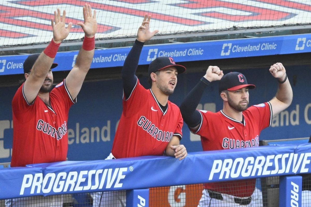 Jul 22, 2025; Cleveland, Ohio, USA; Cleveland Guardians players celebrate in the third inning against the Baltimore Orioles at Progressive Field. Mandatory Credit: David Richard-Imagn Images