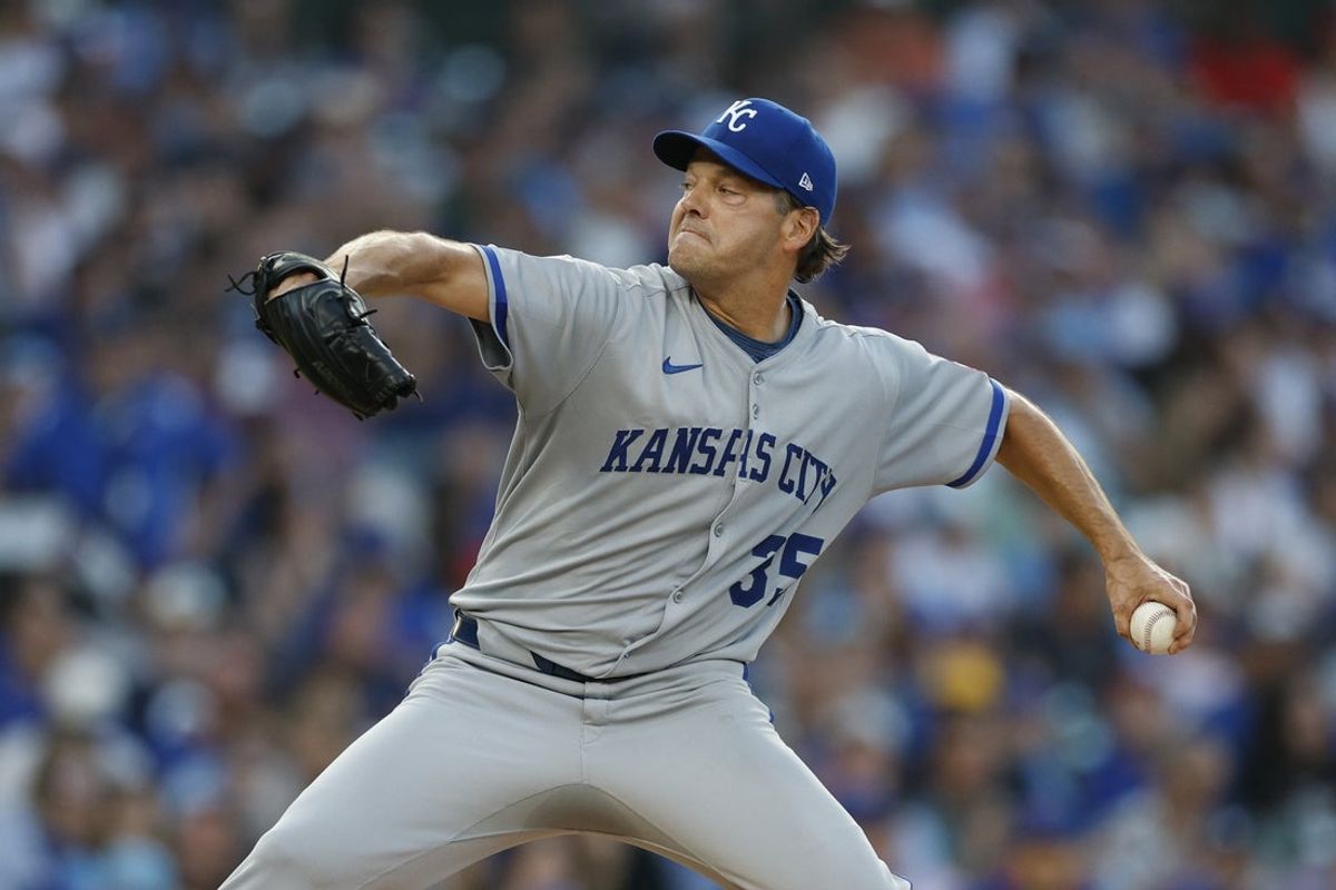 Jul 22, 2025; Chicago, Illinois, USA; Kansas City Royals starting pitcher Rich Hill (35) delivers a pitch against the Chicago Cubs during the first inning at Wrigley Field. Mandatory Credit: Kamil Krzaczynski-Imagn Images