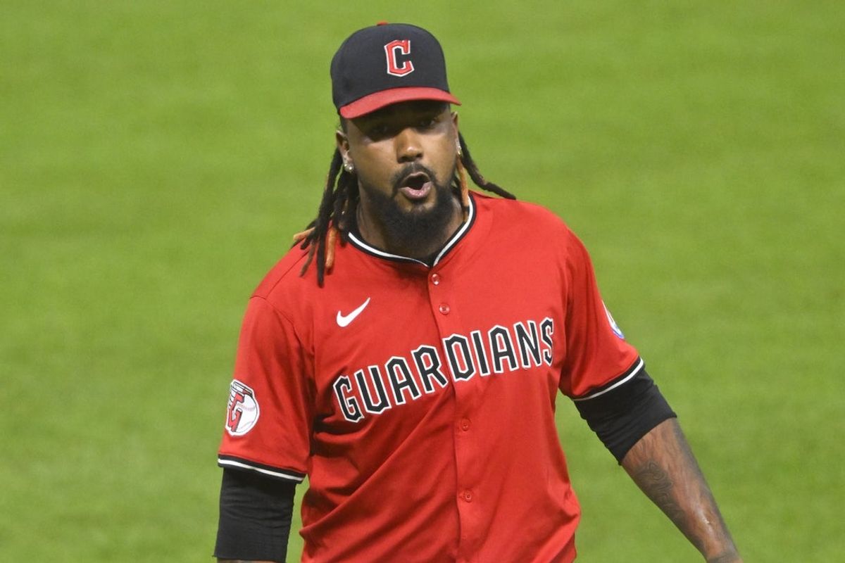 Jul 22, 2025; Cleveland, Ohio, USA; Cleveland Guardians relief pitcher Emmanuel Clase (48) reacts after a win over the Baltimore Orioles at Progressive Field. Mandatory Credit: David Richard-Imagn Images