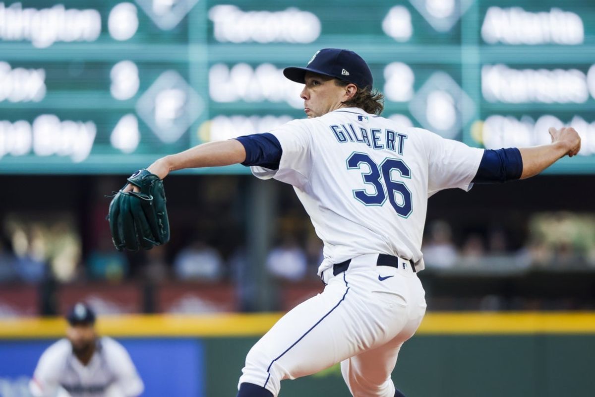 Jul 22, 2025; Seattle, Washington, USA; Seattle Mariners starting pitcher Logan Gilbert (36) throws against the Milwaukee Brewers during the first inning at T-Mobile Park. Mandatory Credit: Joe Nicholson-Imagn Images