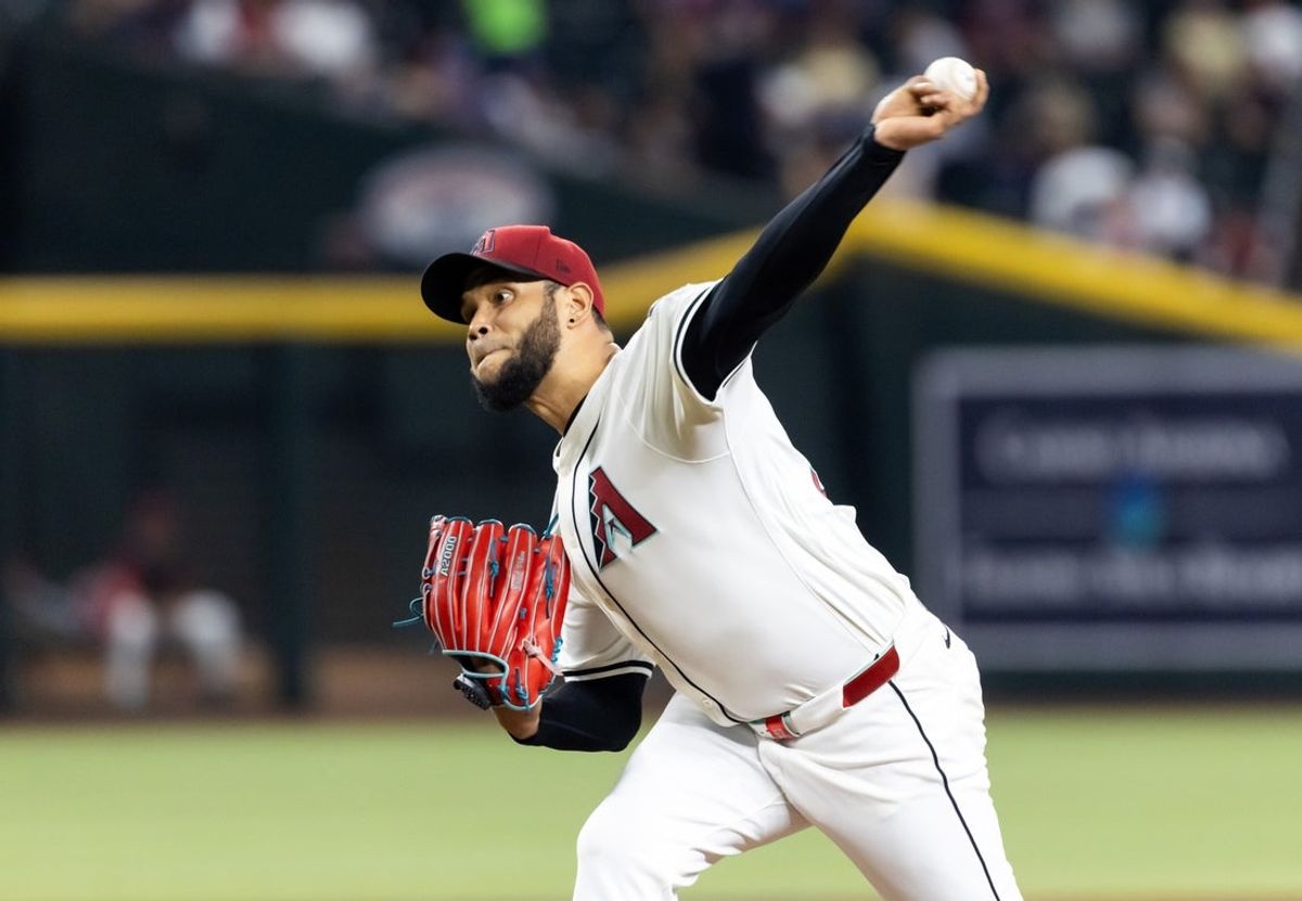 Jul 22, 2025; Phoenix, Arizona, USA; Arizona Diamondbacks pitcher Eduardo Rodriguez in the first inning against the Houston Astros at Chase Field. Mandatory Credit: Mark J. Rebilas-Imagn Images