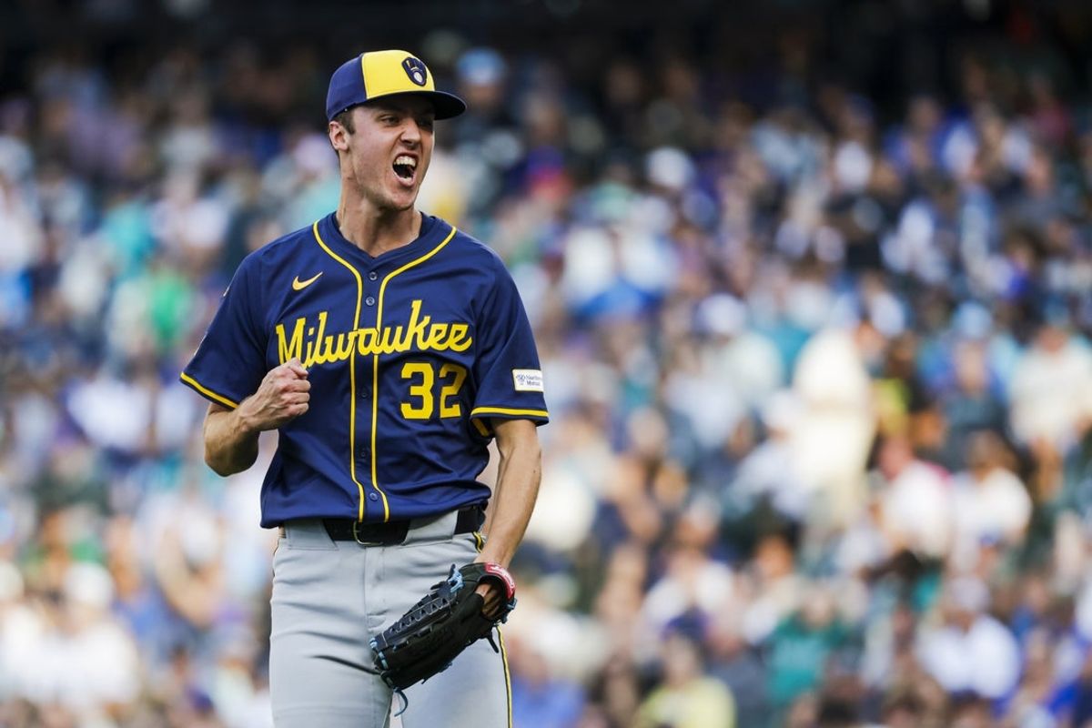Jul 22, 2025; Seattle, Washington, USA; Milwaukee Brewers starting pitcher Jacob Misiorowski (32) reacts following a strikeout to end the second inning against the Seattle Mariners at T-Mobile Park. Mandatory Credit: Joe Nicholson-Imagn Images
