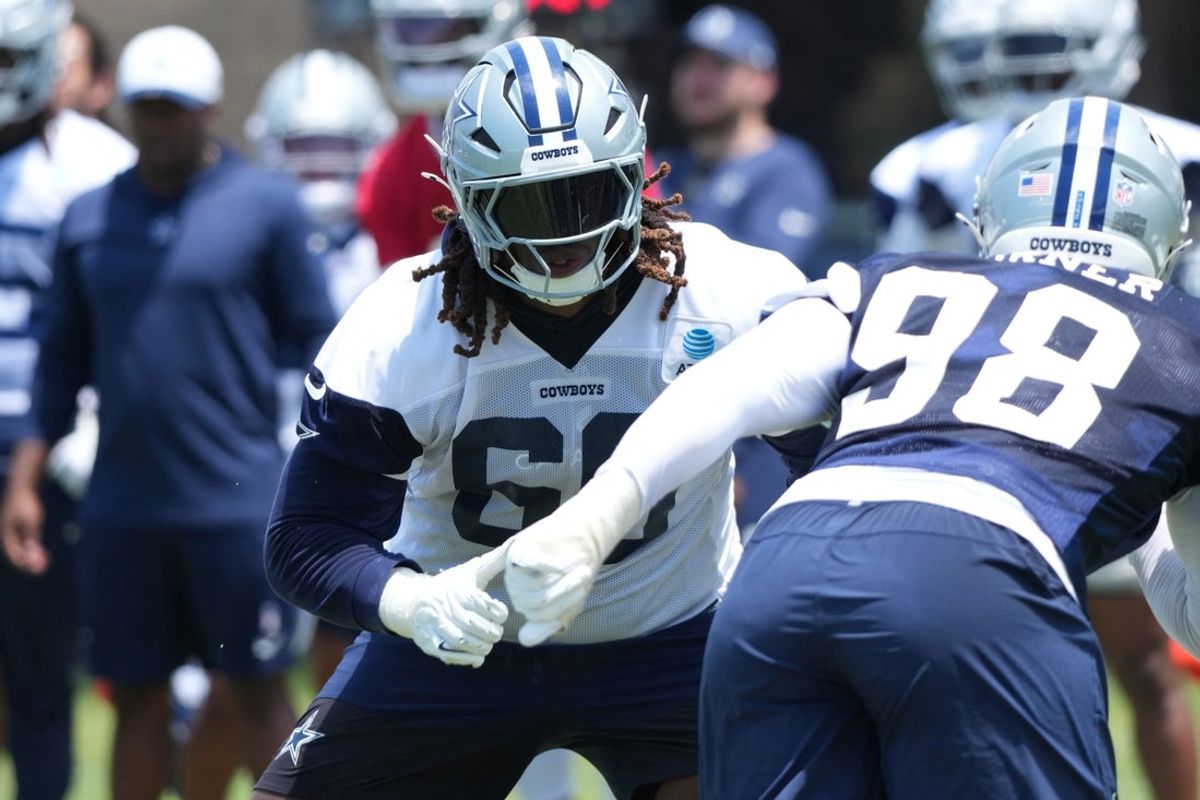 Jul 22, 2025; Oxnard, CA, USA; Dallas Cowboys tackle Tyler Guyton (60) defends against defensive end Payton Turner (98) during training camp at the River Ridge Fields. Mandatory Credit: Kirby Lee-Imagn Images