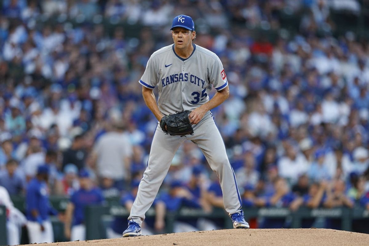 Jul 22, 2025; Chicago, Illinois, USA; Kansas City Royals starting pitcher Rich Hill (35) delivers a pitch against the Chicago Cubs during the first inning at Wrigley Field. Mandatory Credit: Kamil Krzaczynski-Imagn Images