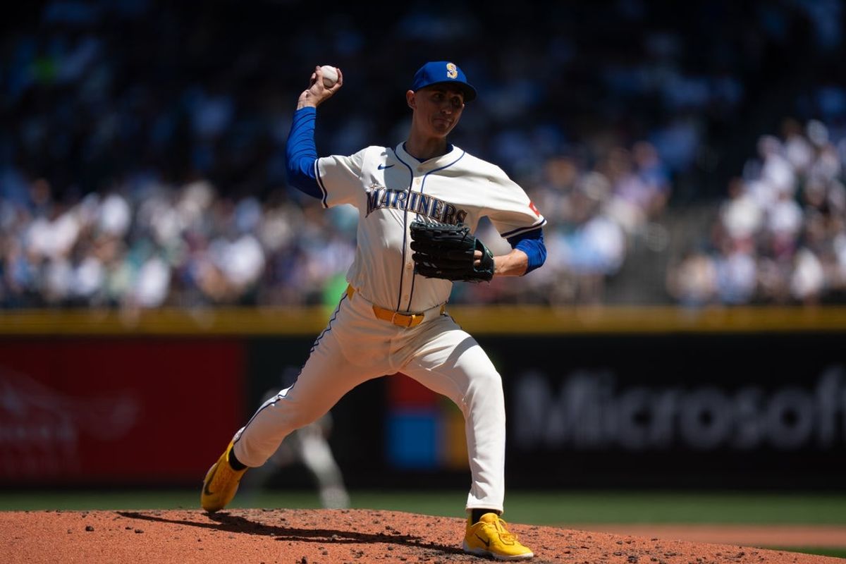 Jul 6, 2025; Seattle, Washington, USA; Seattle Mariners starter George Kirby (68) delivers a pitch against the Pittsburgh Pirates at T-Mobile Park. Mandatory Credit: Stephen Brashear-Imagn Images
