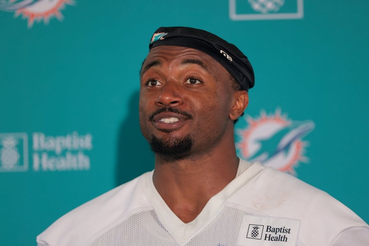 Jul 23, 2025; Miami Gardens, FL, USA; Miami Dolphins guard Austin Jackson (73) speaks to reporters during training camp at Baptist Health Training Complex. Mandatory Credit: Sam Navarro-Imagn Images