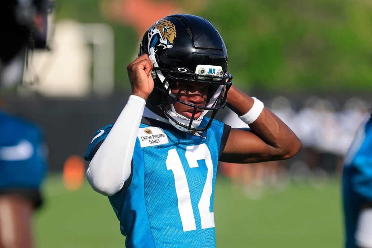 Jacksonville Jaguars wide receiver Travis Hunter (12) looks on during an NFL training camp session at the Miller Electric Center, Wednesday, July 23, 2025, in Jacksonville, Fla. [Corey Perrine/Florida Times-Union]