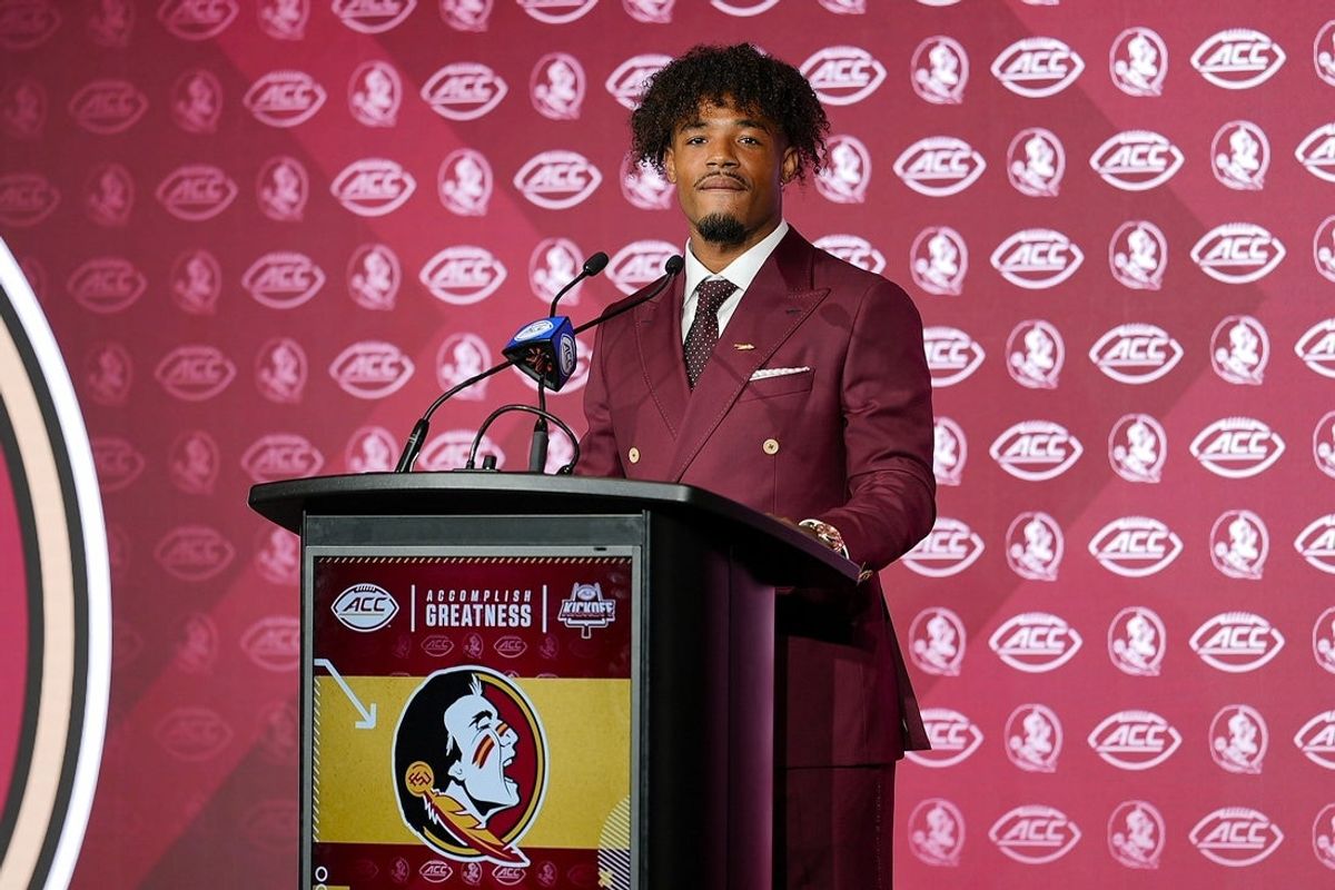 Jul 23, 2025; Charlotte, NC, USA; FSU quarterback Tommy Castellanos answers questions from the media during ACC Media days at Hilton Charlotte Uptown. Mandatory Credit: Jim Dedmon-Imagn Images